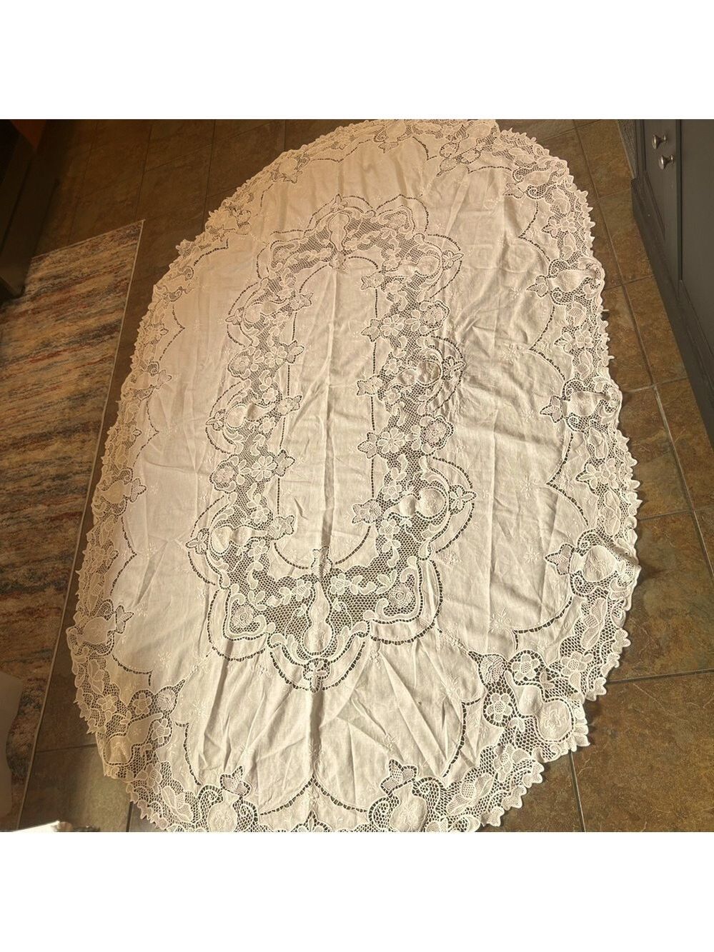 Vintage Battenberg Lace Oval Cotton Tablecloth White Floral Design Small Stain